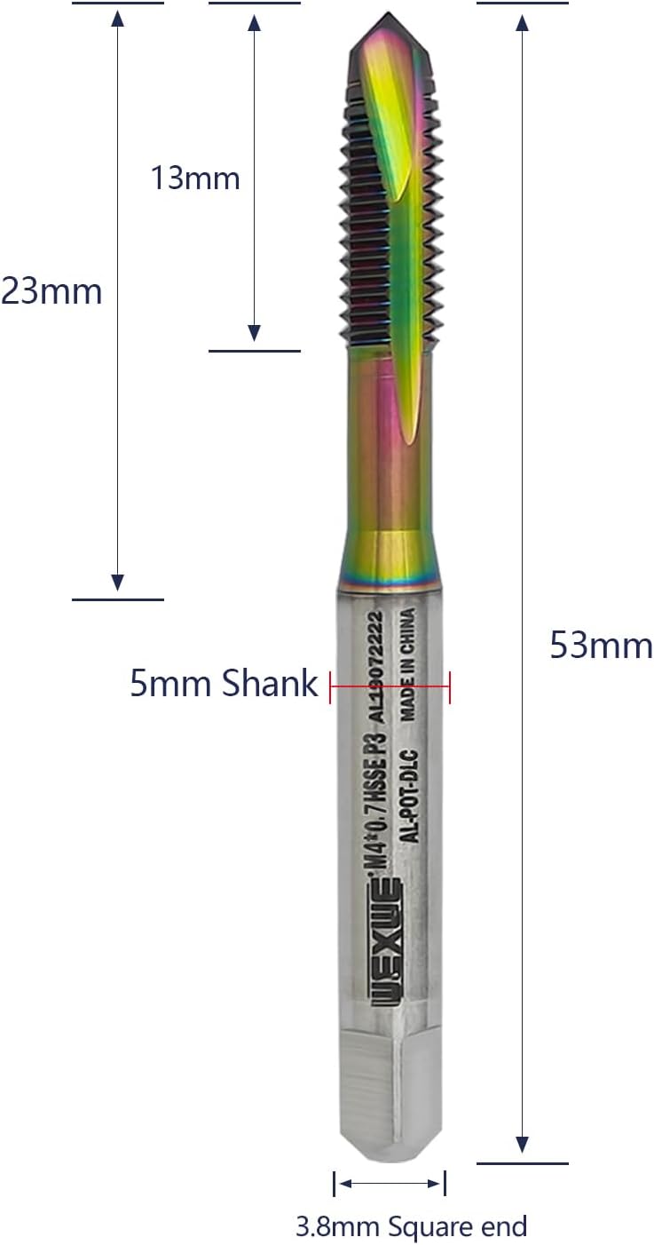 WEXWE Store Tools M4 x 0.7 Spiral Point Threading Tap, Metric Machine Threading Tap High Speed Steel Cobalt(HSSCo) With DLC Coating, Round Shank with Square End， H2 Tolerance, 2pcs - Image 2